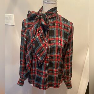 Saint Laurent Red and Black Plaid Bow Blouse